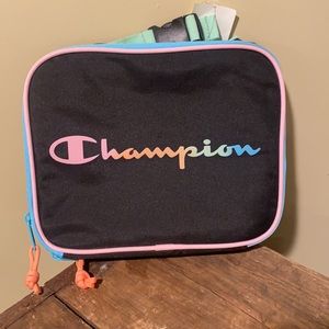 NWT Champion lunchbox, black and colorful, with clip to attach to backpack